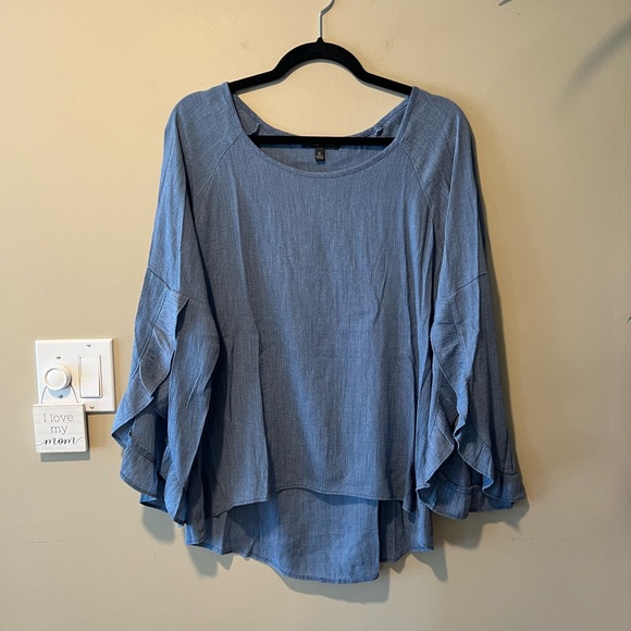 Moa Moa Blue Chambray Top with Ruffled Sleeves - Picture 7 of 12